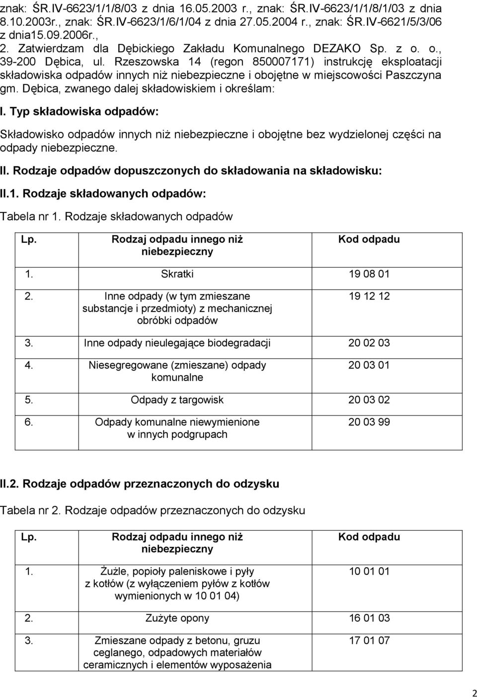 Rzeszowska 14 (regon 850007171) instrukcję eksploatacji składowiska odpadów innych niż niebezpieczne i obojętne w miejscowości Paszczyna gm. Dębica, zwanego dalej składowiskiem i określam: I.