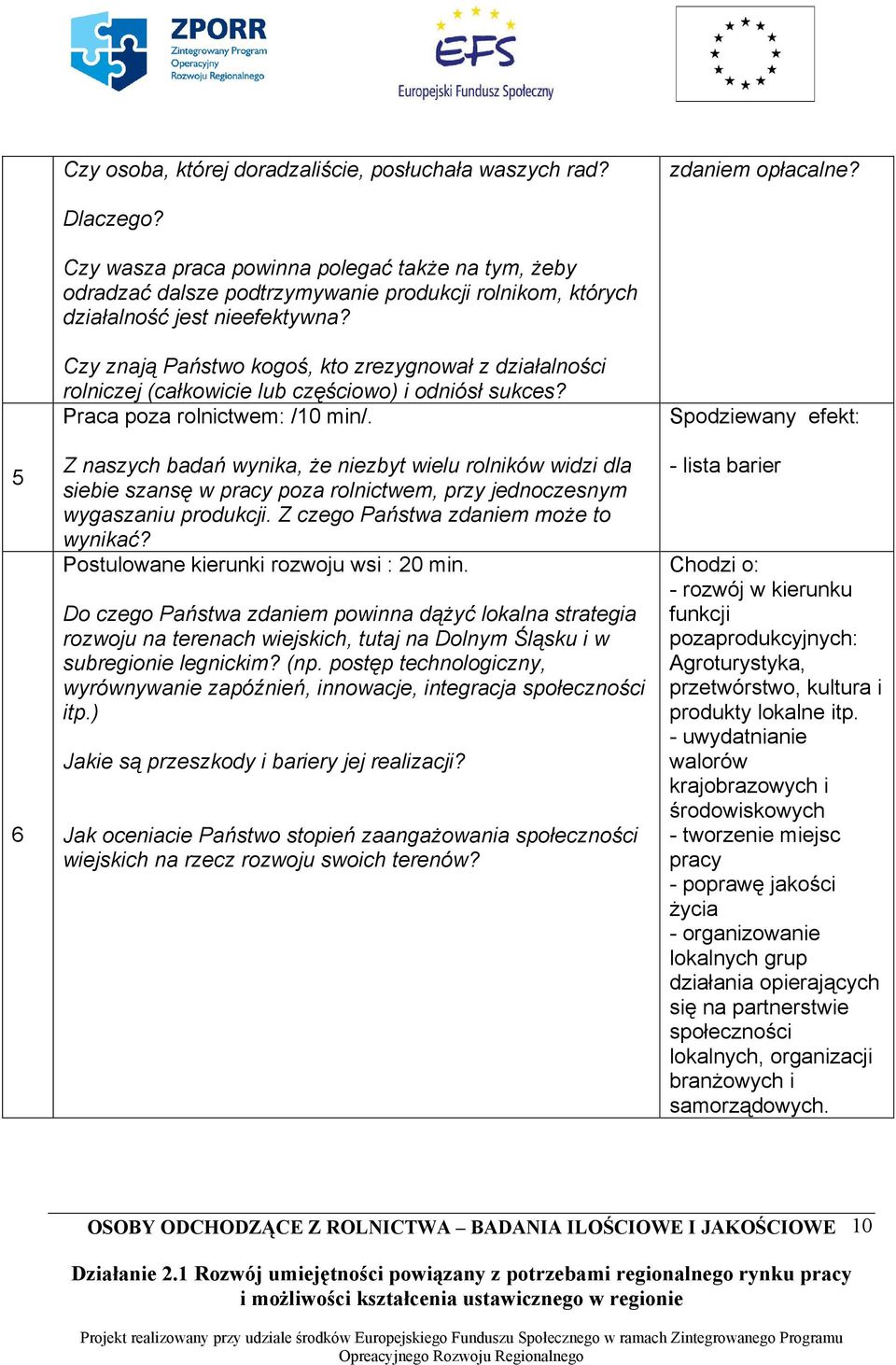 5 6 Czy znają Państwo kogoś, kto zrezygnował z działalności rolniczej (całkowicie lub częściowo) i odniósł sukces? Praca poza rolnictwem: /10 min/.