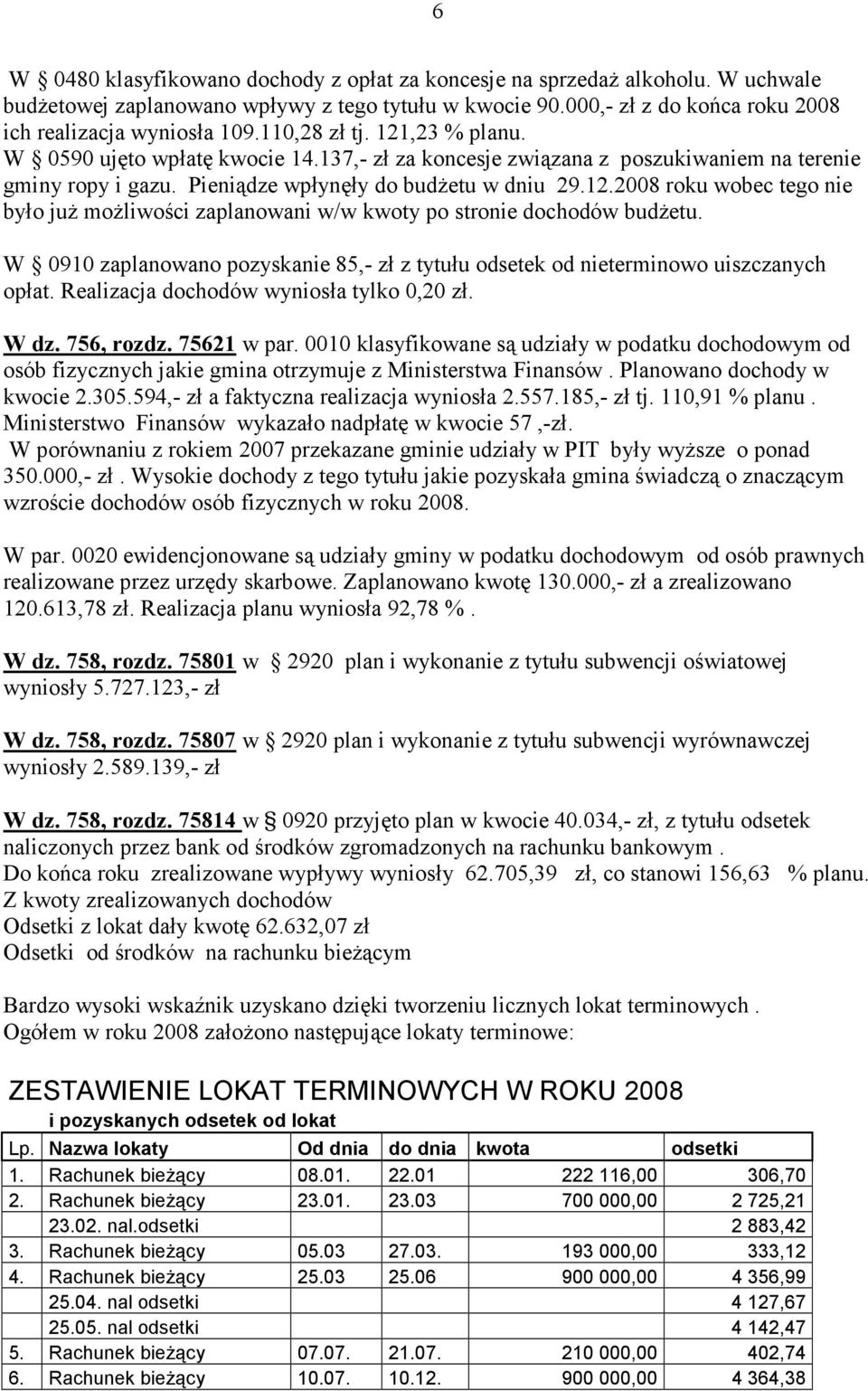 W 0910 zaplanowano pozyskanie 85,- zł z tytułu odsetek od nieterminowo uiszczanych opłat. Realizacja dochodów wyniosła tylko 0,20 zł. W dz. 756, rozdz. 75621 w par.