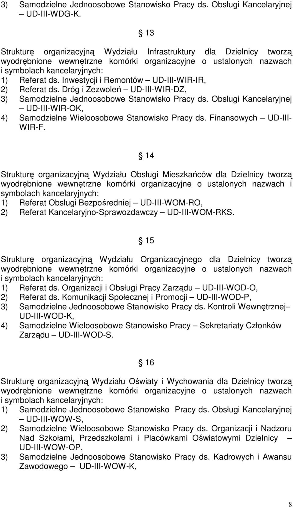Inwestycji i Remontów UD-III-WIR-IR, 2) Referat ds. Dróg i Zezwoleń UD-III-WIR-DZ, 3) Samodzielne Jednoosobowe Stanowisko Pracy ds.