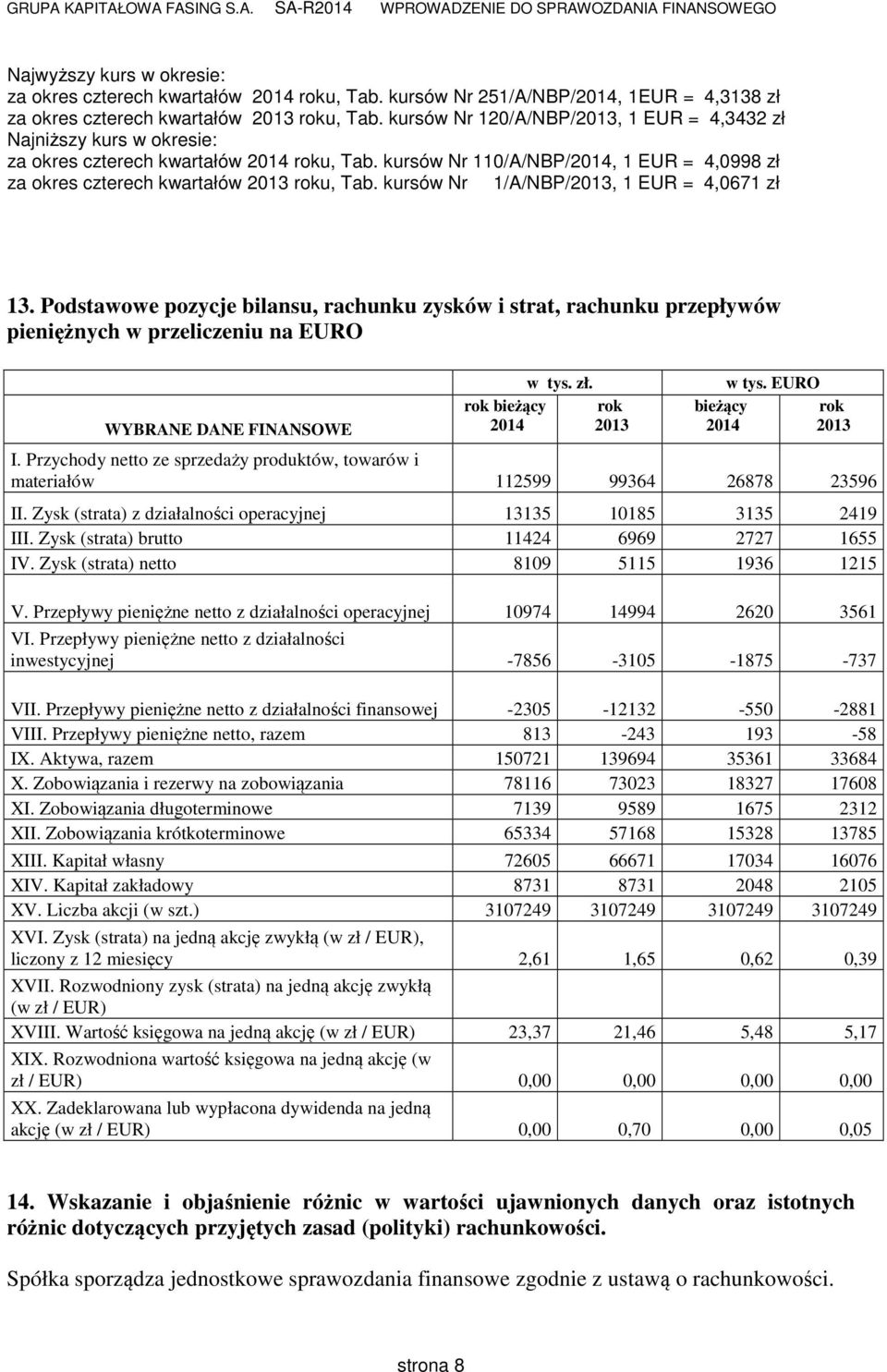kursów Nr 110/A/NBP/2014, 1 EUR = 4,0998 zł za okres czterech kwartałów 2013 roku, Tab. kursów Nr 1/A/NBP/2013, 1 EUR = 4,0671 zł 13.