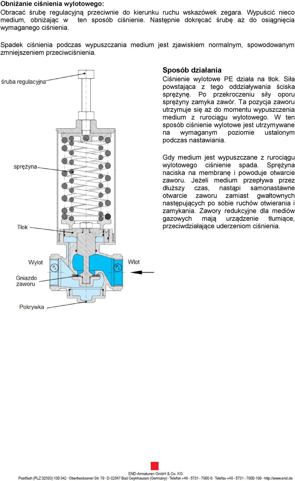 Sposób działania Ciśnienie wylotowe PE działa na tłok. Siła powstająca z tego oddziaływania ściska sprężynę. Po przekroczeniu siły oporu sprężyny zamyka zawór.