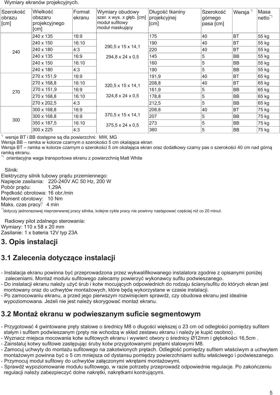 x 168,8 30 x 187, 300 x 22 3. Opis instalacji Format ekranu 16:9 16:10 4:3 16:9 16:10 4:3 16:9 16:10 16:9 16:10 4:3 16:9 16:9 16:10 4:3 3.1 Zalecenia dotyczące instalacji Wymiary obudowy szer. x wys.