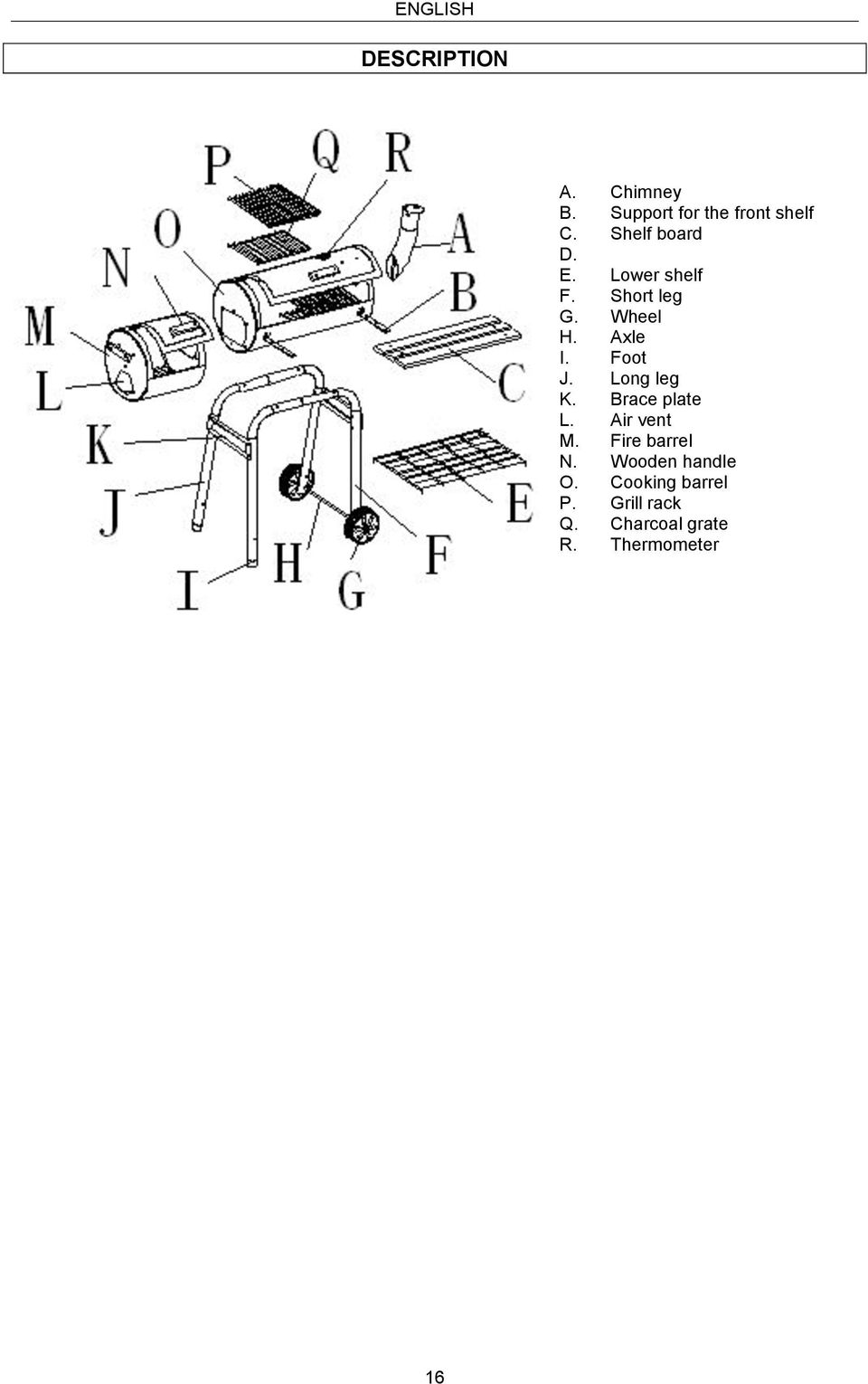 Foot J. Long leg K. Brace plate L. Air vent M. Fire barrel N.