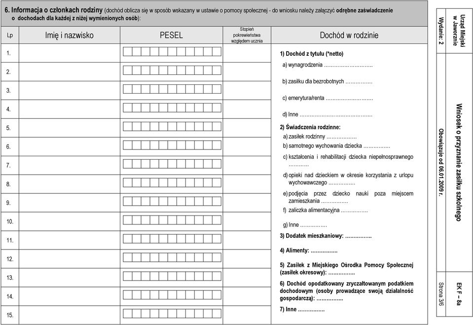 . b) zasiłku dla bezrobotnych. c) emerytura/renta. d) Inne. 2) Świadczenia rodzinne: a) zasiłek rodzinny b) samotnego wychowania dziecka.