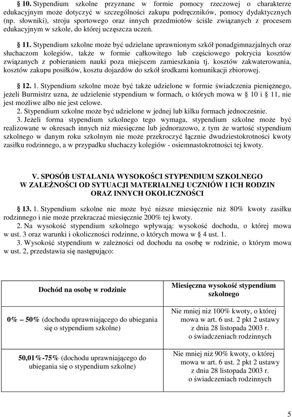 Stypendium szkolne moŝe być udzielane uprawnionym szkół ponadgimnazjalnych oraz słuchaczom kolegiów, takŝe w formie całkowitego lub częściowego pokrycia kosztów związanych z pobieraniem nauki poza