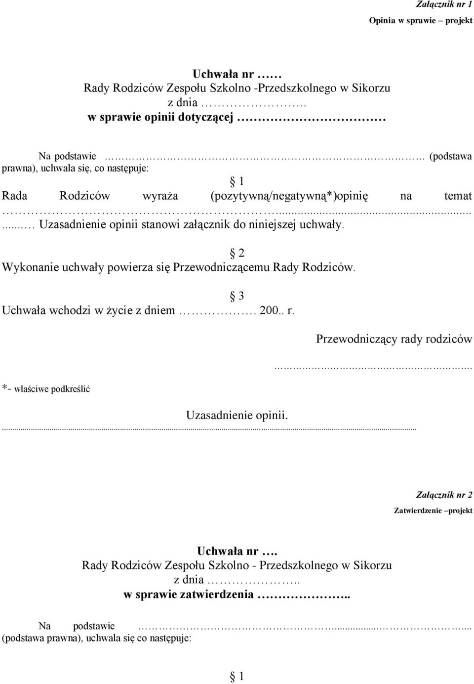 ..... Uzasadnienie opinii stanowi załącznik do niniejszej uchwały. 2 Wykonanie uchwały powierza się Przewodniczącemu Rady Rodziców. 3 Uchwała wchodzi w życie z dniem. 200.. r.