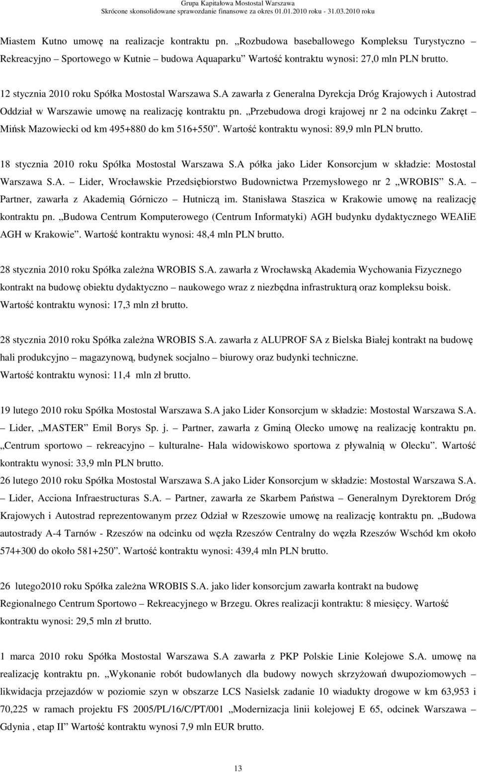 Przebudowa drogi krajowej nr 2 na odcinku Zakręt Mińsk Mazowiecki od km 495+880 do km 516+550. Wartość kontraktu wynosi: 89,9 mln PLN brutto. 18 stycznia 2010 roku Spółka Mostostal Warszawa S.