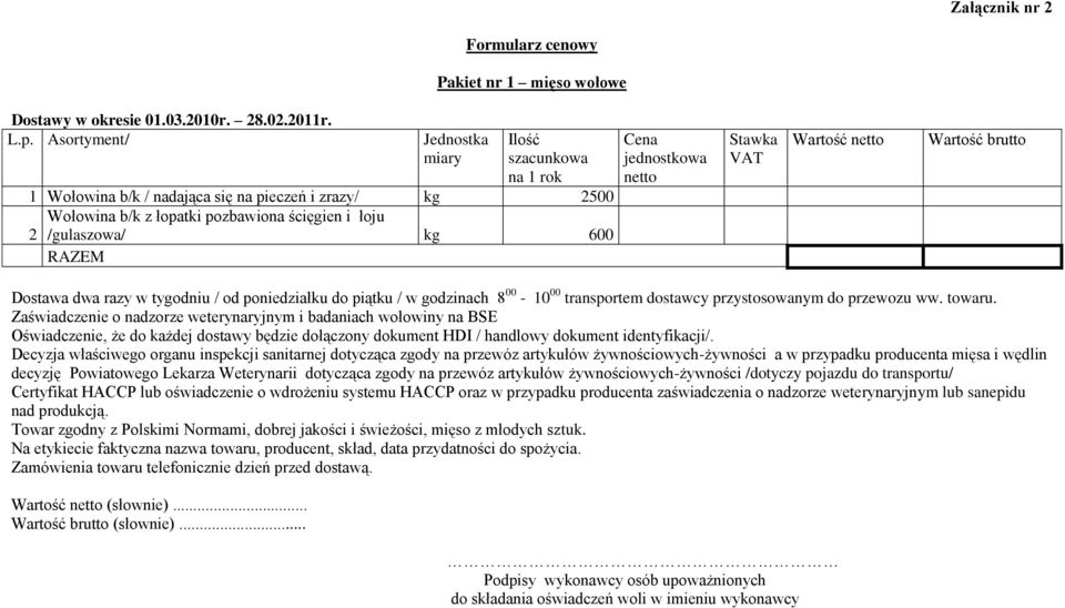 RAZEM Wartość Dostawa dwa razy w tygodniu / od poniedziałku do piątku / w godzinach 8 00-10 00 transportem dostawcy przystosowanym do przewozu