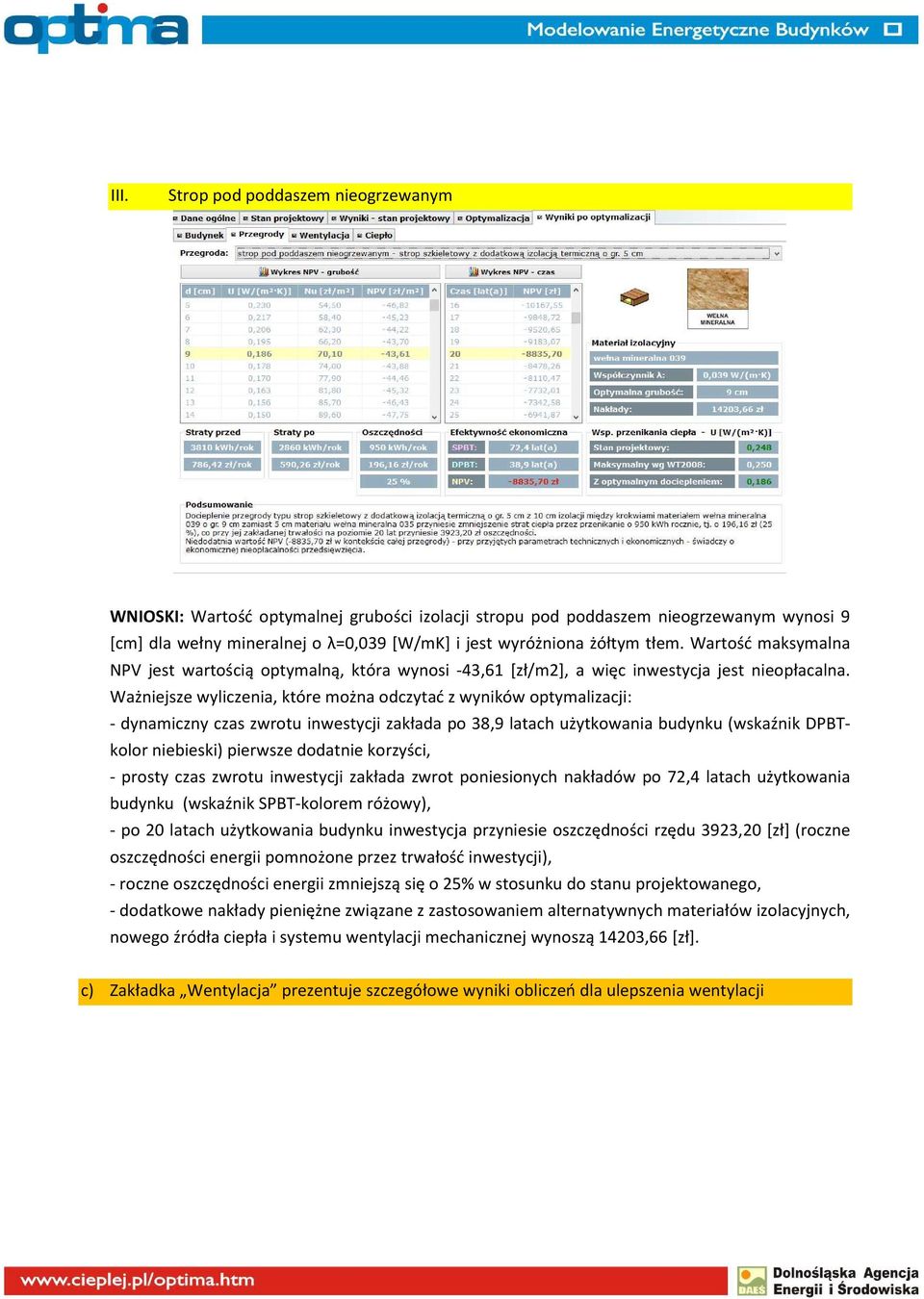 Ważniejsze wyliczenia, które można odczytać z wyników optymalizacji: - dynamiczny czas zwrotu inwestycji zakłada po 38,9 latach użytkowania budynku (wskaźnik DPBTkolor niebieski) pierwsze dodatnie