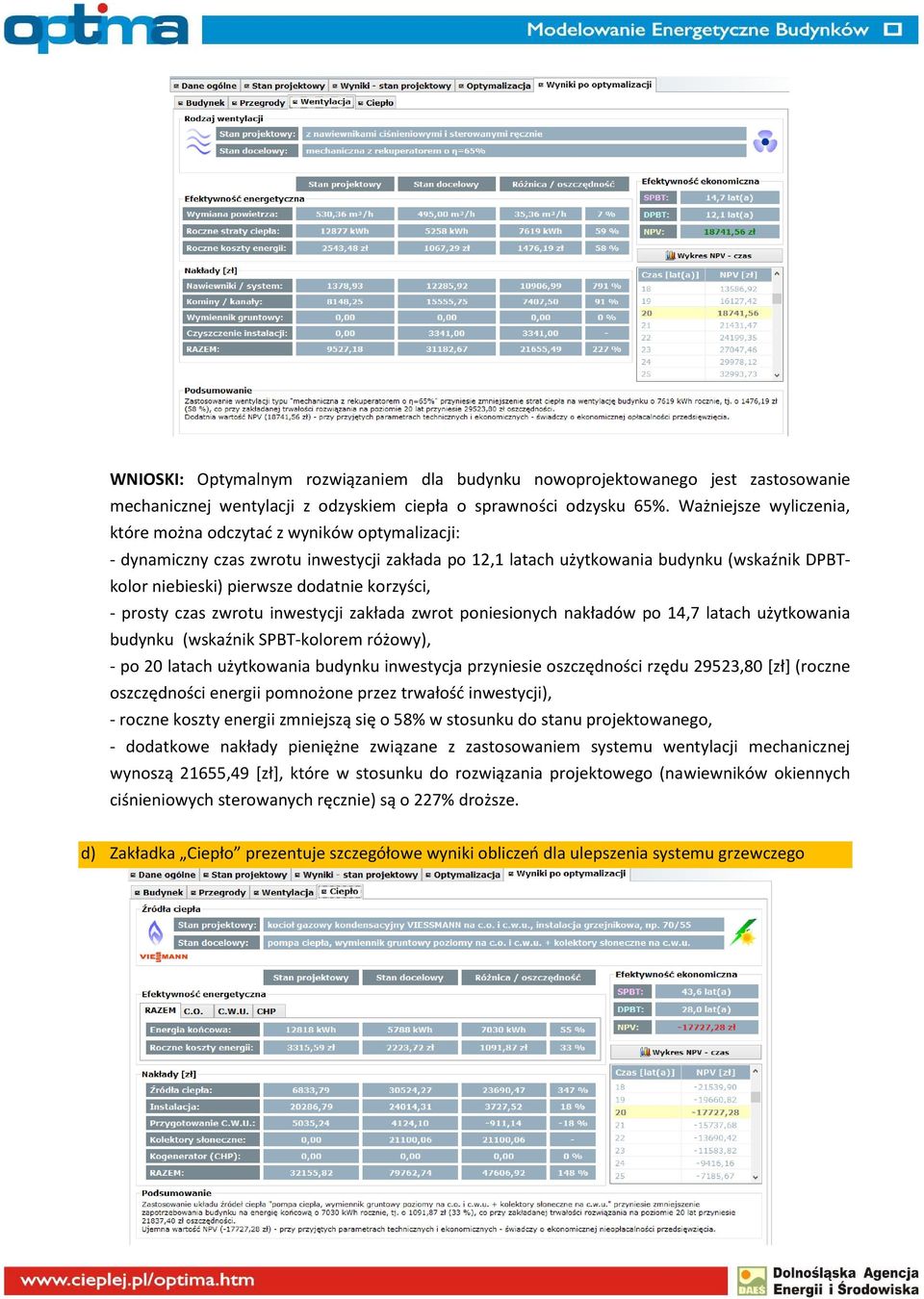 korzyści, - prosty czas zwrotu inwestycji zakłada zwrot poniesionych nakładów po 14,7 latach użytkowania budynku (wskaźnik SPBT-kolorem różowy), - po 20 latach użytkowania budynku inwestycja