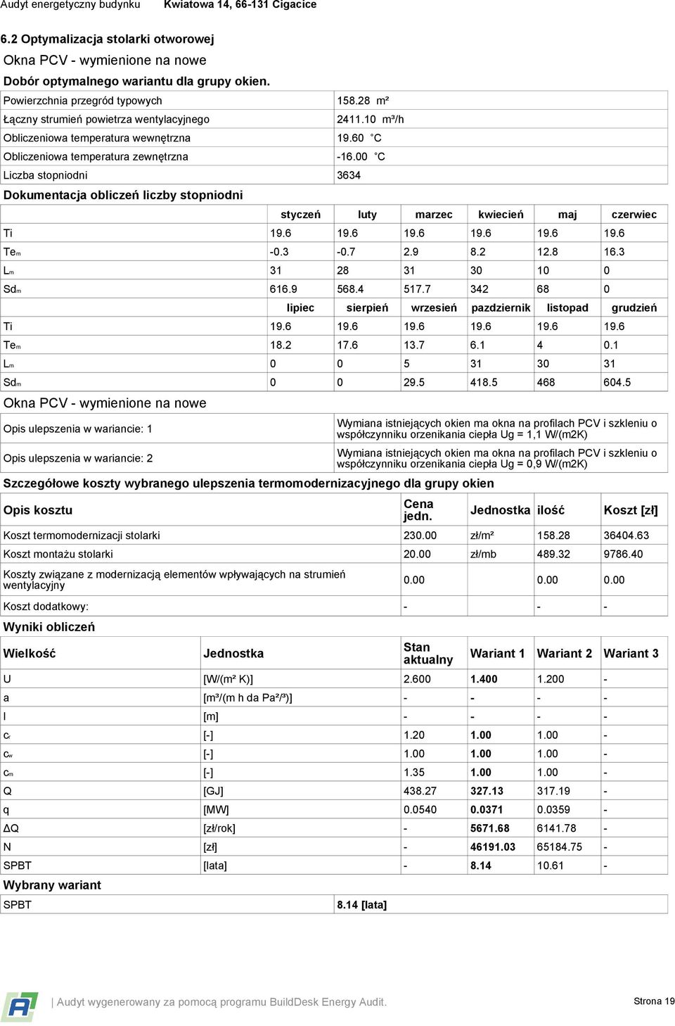 00 C Liczba stopniodni 3634 Dokumentacja obliczeń liczby stopniodni styczeń luty marzec kwiecień maj czerwiec Ti 19.6 19.6 19.6 19.6 19.6 19.6 Tem -0.3-0.7 2.9 8.2 12.8 16.