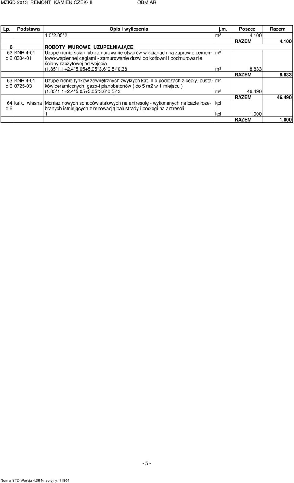 05+5.05*3.6*0.5)*0.38 3 8.833 RAZEM 8.833 63 KNR 4-01 Uzupełnienie tynków zewnętrznych zwykłych kat. II o podłoŝach z cegły, pustaków d.