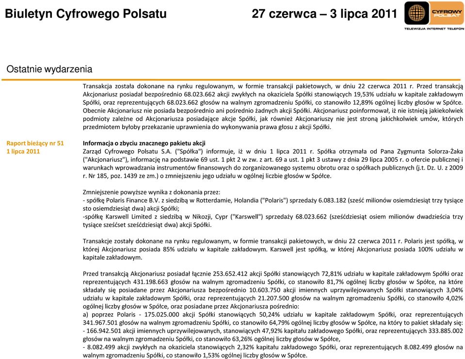 662 głosów na walnym zgromadzeniu Spółki, co stanowiło 12,89% ogólnej liczby głosów w Spółce. Obecnie Akcjonariusz nie posiada bezpośrednio ani pośrednio żadnych akcji Spółki.