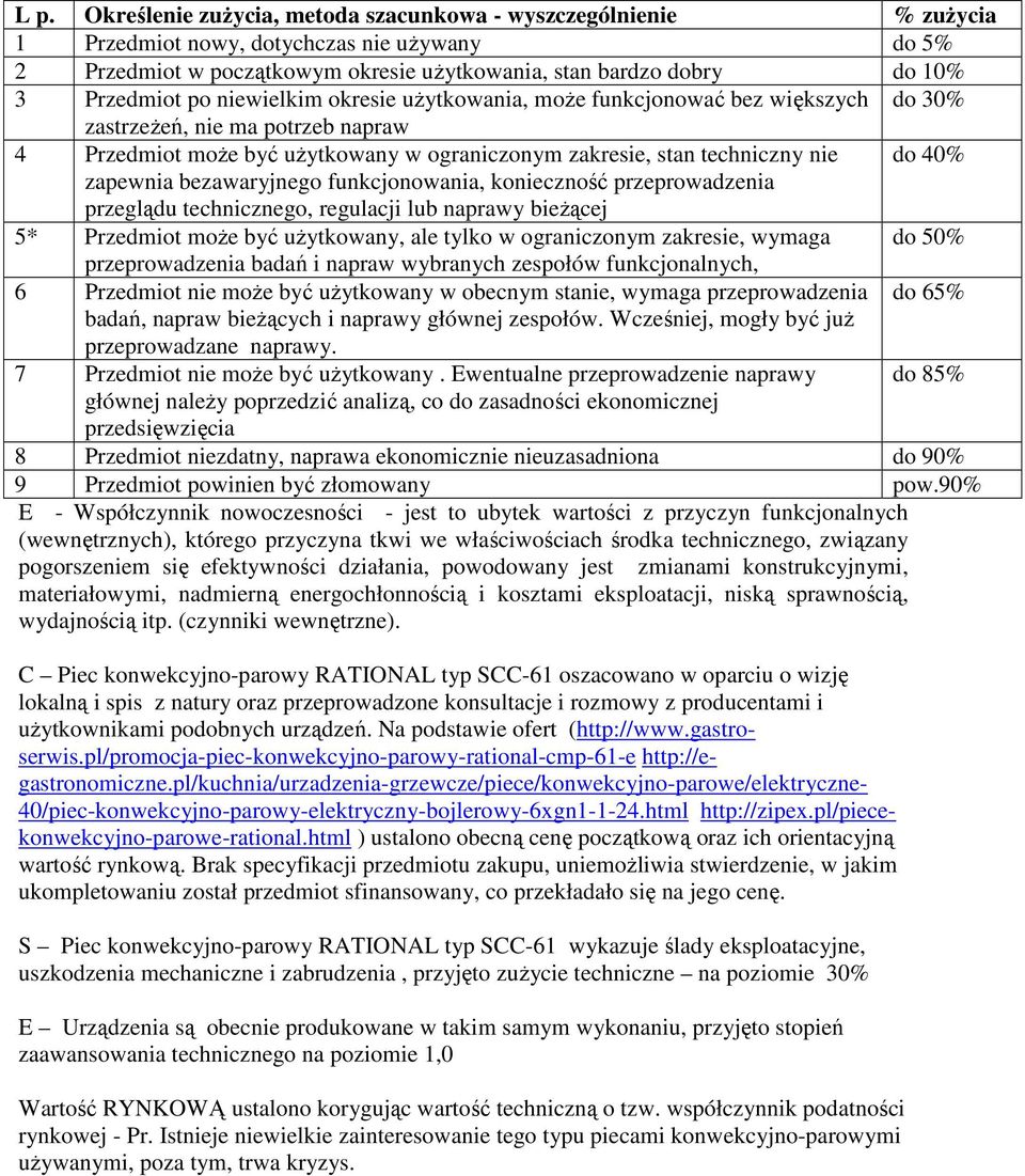 40% zapewnia bezawaryjnego funkcjonowania, konieczność przeprowadzenia przeglądu technicznego, regulacji lub naprawy bieŝącej 5* Przedmiot moŝe być uŝytkowany, ale tylko w ograniczonym zakresie,