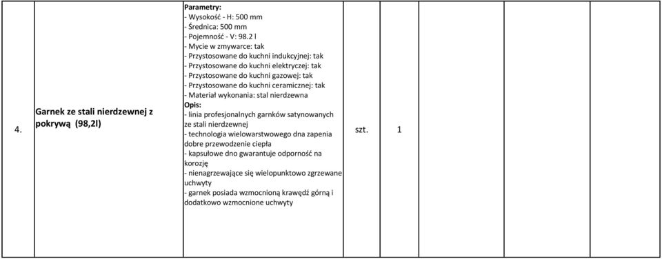 kuchni ceramicznej: tak Garnek ze stali nierdzewnej z - linia profesjonalnych garnków satynowanych pokrywą (98,2l) ze stali nierdzewnej 4.