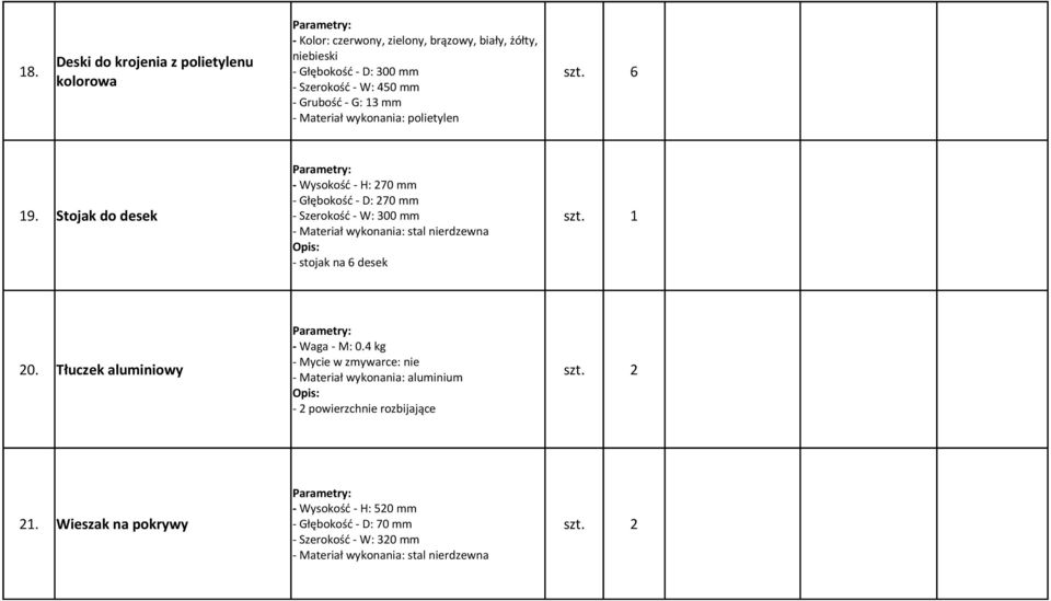 6 - Grubość - G: 13 mm - Materiał wykonania: polietylen - Wysokość - H: 270 mm - Głębokość - D: 270 mm 19.