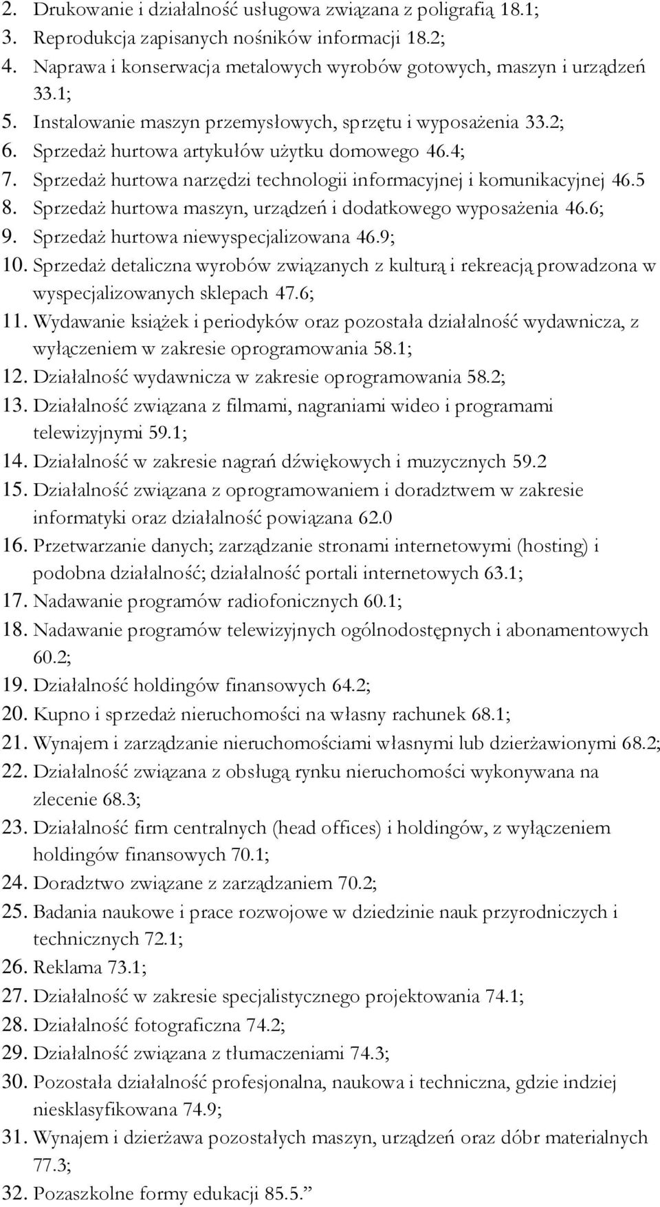 Sprzedaż hurtowa maszyn, urządzeń i dodatkowego wyposażenia 46.6; 9. Sprzedaż hurtowa niewyspecjalizowana 46.9; 10.