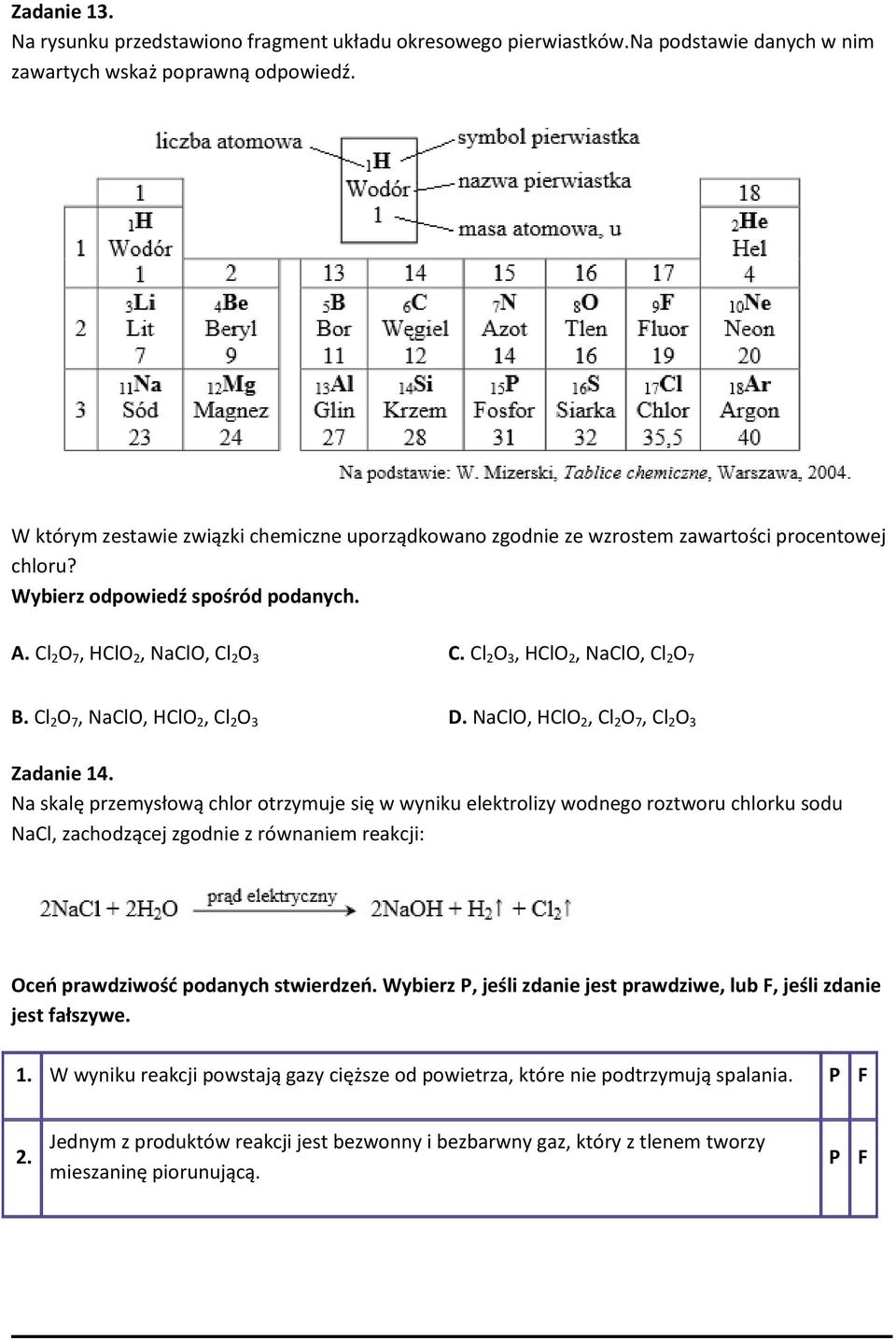 Cl 2 O 3, HClO 2, NaClO, Cl 2 O 7 B. Cl 2 O 7, NaClO, HClO 2, Cl 2 O 3 D. NaClO, HClO 2, Cl 2 O 7, Cl 2 O 3 Zadanie 14.