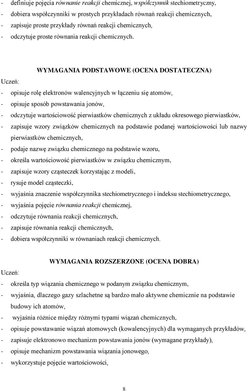 WYMAGANIA PODSTAWOWE (OCENA DOSTATECZNA) - opisuje rolę elektronów walencyjnych w łączeniu się atomów, - opisuje sposób powstawania jonów, - odczytuje wartościowość pierwiastków chemicznych z układu