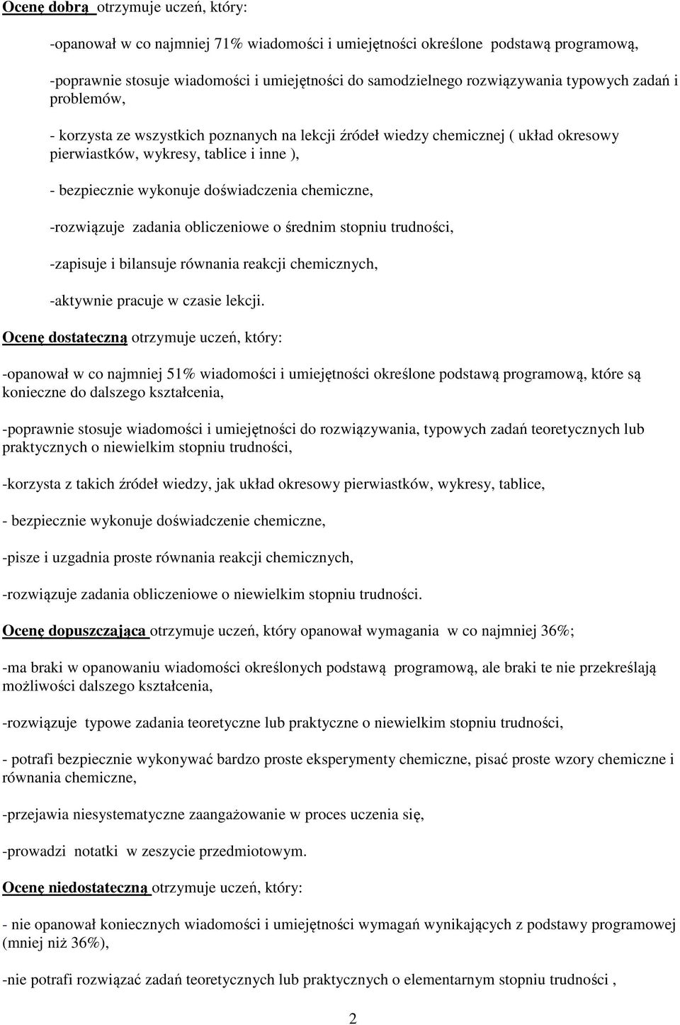 chemiczne, -rozwiązuje zadania obliczeniowe o średnim stopniu trudności, -zapisuje i bilansuje równania reakcji chemicznych, -aktywnie pracuje w czasie lekcji.