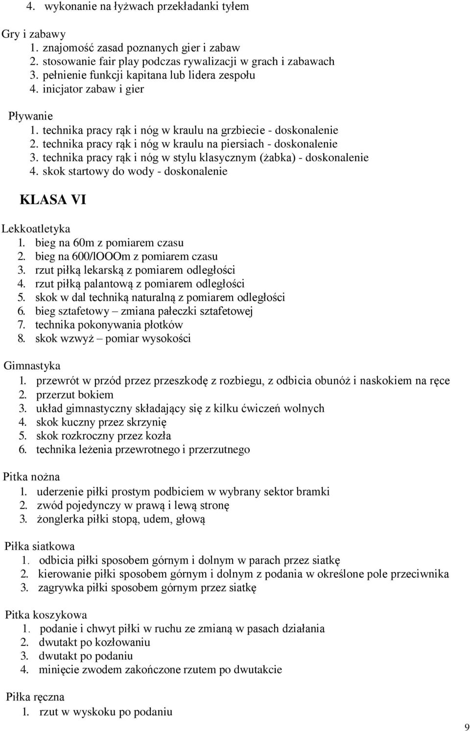 technika pracy rąk i nóg w kraulu na piersiach - doskonalenie 3. technika pracy rąk i nóg w stylu klasycznym (żabka) - doskonalenie 4. skok startowy do wody - doskonalenie KLASA VI Lekkoatletyka 1.