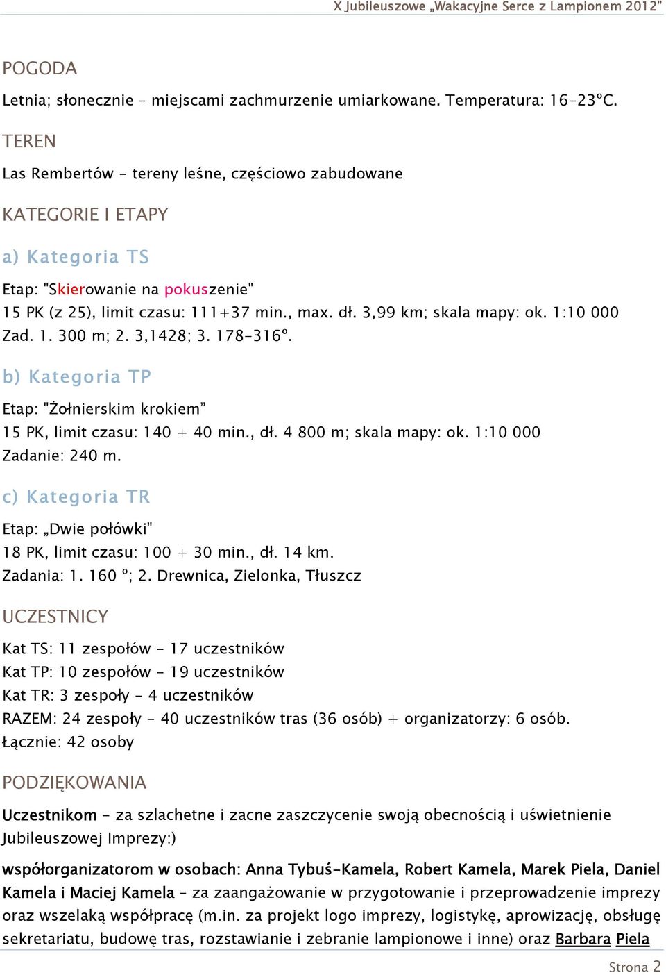 1:10 000 Zad. 1. 300 m; 2. 3,1428; 3. 178-316º. b) ) Kategoria TP Etap: "śołnierskim krokiem 15 PK, limit czasu: 140 + 40 min., dł. 4 800 m; skala mapy: ok. 1:10 000 Zadanie: 240 m.