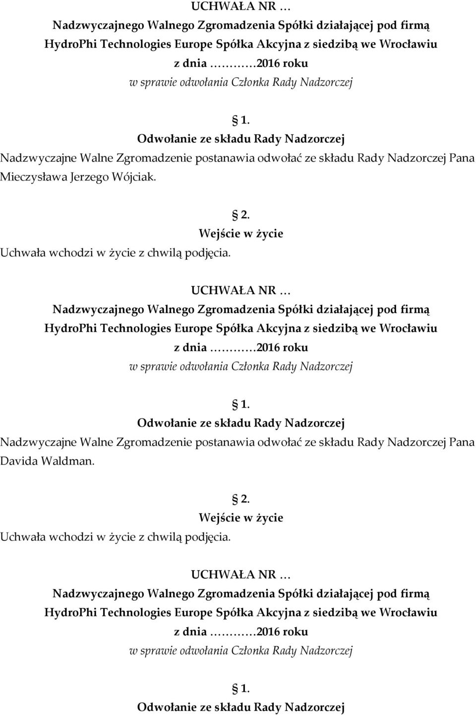 składu Rady Nadzorczej Pana Davida Waldman. Uchwała wchodzi w życie z chwilą podjęcia.