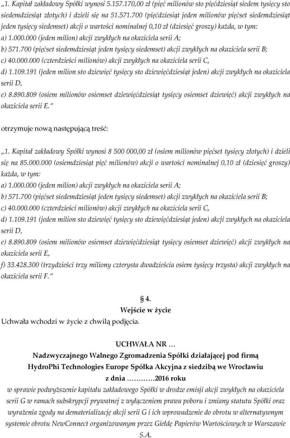 000 (jeden milion) akcji zwykłych na okaziciela serii A; b) 571.700 (pięćset siedemdziesiąt jeden tysięcy siedemset) akcji zwykłych na okaziciela serii B; c) 40.000.000 (czterdzieści milionów) akcji zwykłych na okaziciela serii C, d) 1.