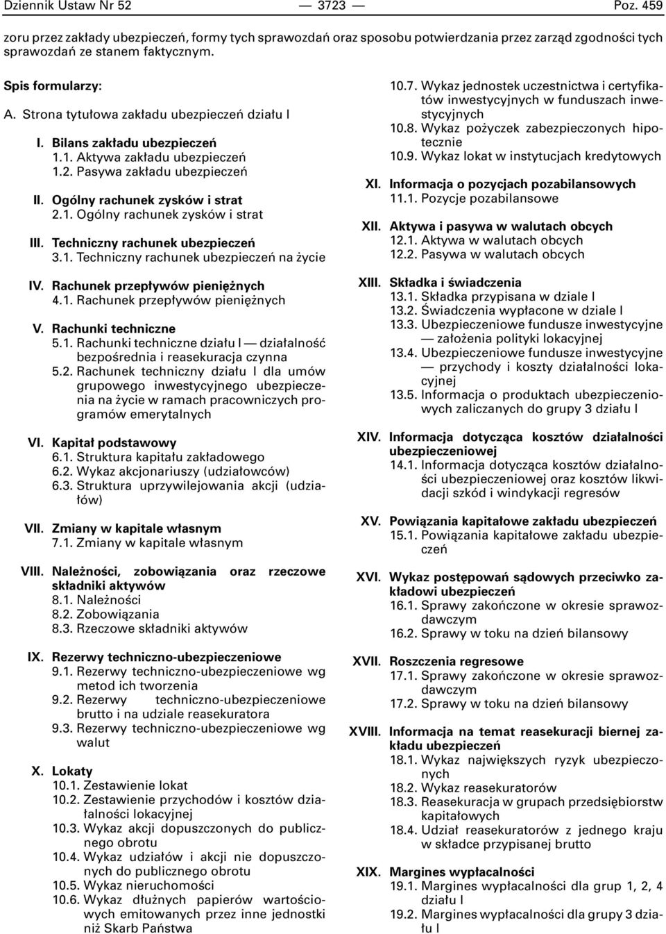 Techniczny rachunek ubezpieczeƒ 3.1. Techniczny rachunek ubezpieczeƒ na ycie IV. Rachunek przep ywów pieni nych 4.1. Rachunek przep ywów pieni nych V. Rachunki techniczne 5.1. Rachunki techniczne dzia u I dzia alnoêç bezpoêrednia i reasekuracja czynna 5.