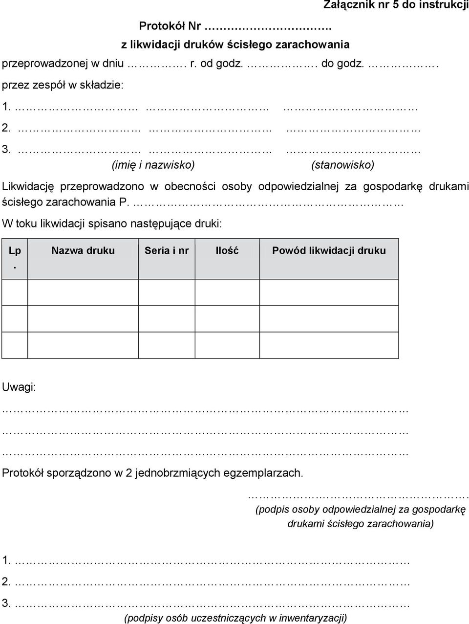 (imię i nazwisko) (stanowisko) Likwidację przeprowadzono w obecności osoby odpowiedzialnej za gospodarkę drukami ścisłego zarachowania P.