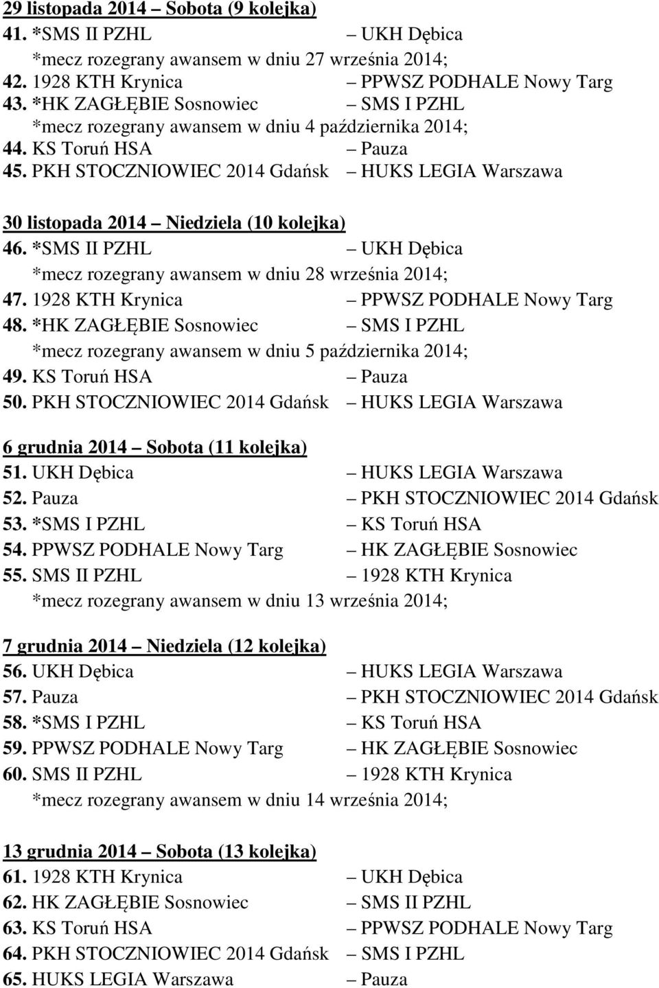 PKH STOCZNIOWIEC 2014 Gdańsk HUKS LEGIA Warszawa 30 listopada 2014 Niedziela (10 kolejka) 46. *SMS II PZHL UKH Dębica *mecz rozegrany awansem w dniu 28 września 2014; 47.