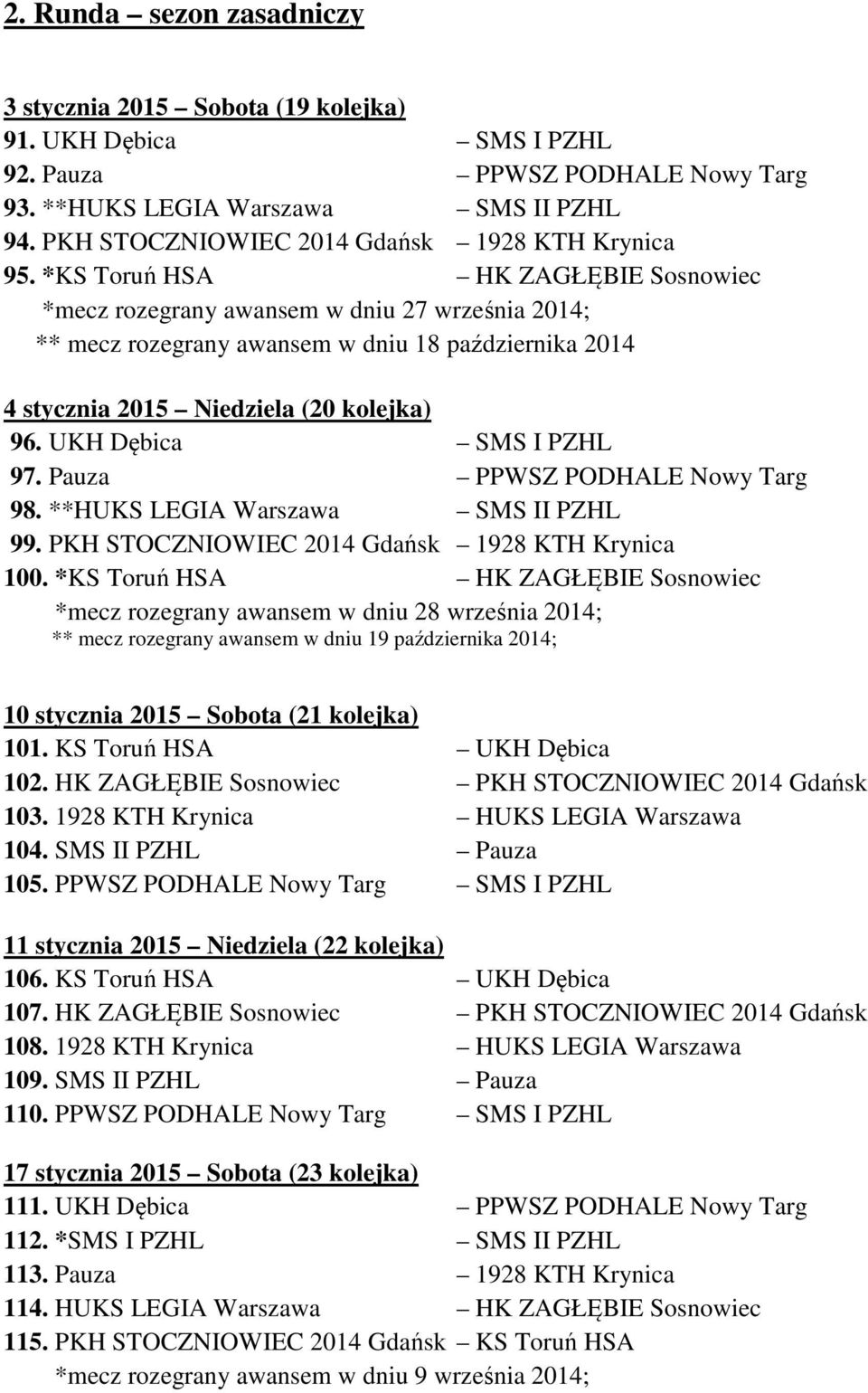 *KS Toruń HSA HK ZAGŁĘBIE Sosnowiec *mecz rozegrany awansem w dniu 27 września 2014; ** mecz rozegrany awansem w dniu 18 października 2014 4 stycznia 2015 Niedziela (20 kolejka) 96.