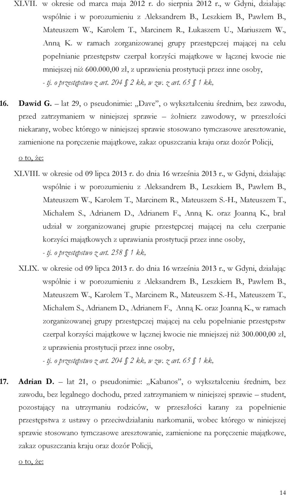 000,00 zł, z uprawienia prostytucji przez inne osoby, 16. Dawid G.