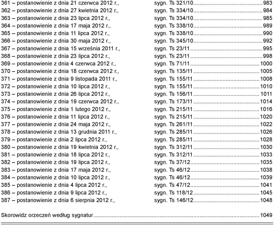 , sygn. Ts 23/11...995 368 postanowienie z dnia 23 lipca 2012 r., sygn. Ts 23/11...998 369 postanowienie z dnia 4 czerwca 2012 r., sygn. Ts 71/11...1000 370 postanowienie z dnia 18 czerwca 2012 r.