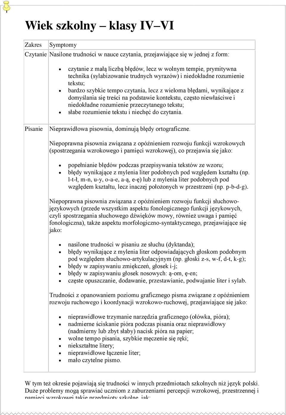i niedokładne rozumienie przeczytanego tekstu; słabe rozumienie tekstu i niechęć do czytania. Pisanie Nieprawidłowa pisownia, dominują błędy ortograficzne.