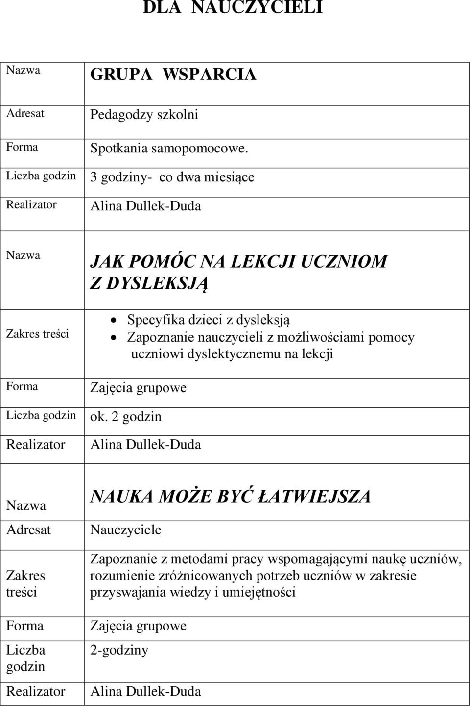 możliwościami pomocy uczniowi dyslektycznemu na lekcji Zajęcia grupowe ok.