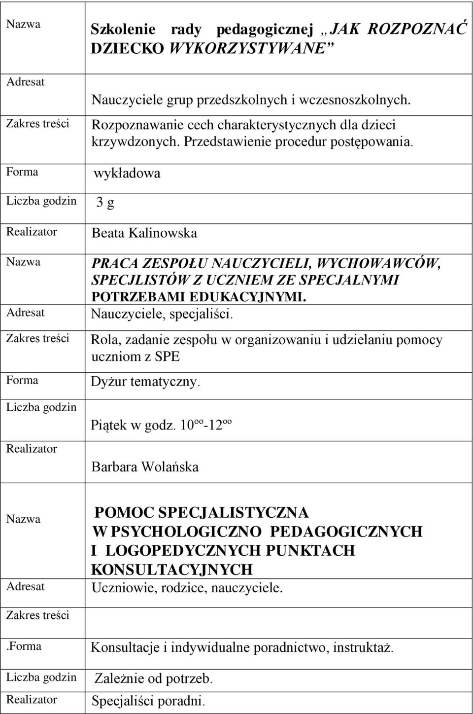 , specjaliści. Rola, zadanie zespołu w organizowaniu i udzielaniu pomocy uczniom z SPE Dyżur tematyczny. Piątek w godz.