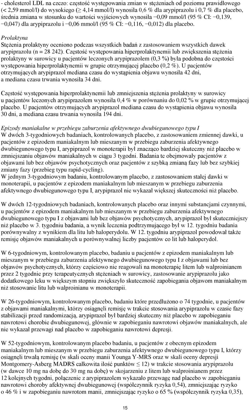 Prolaktyna Stężenia prolaktyny oceniono podczas wszystkich badań z zastosowaniem wszystkich dawek arypiprazolu (n = 28 242).