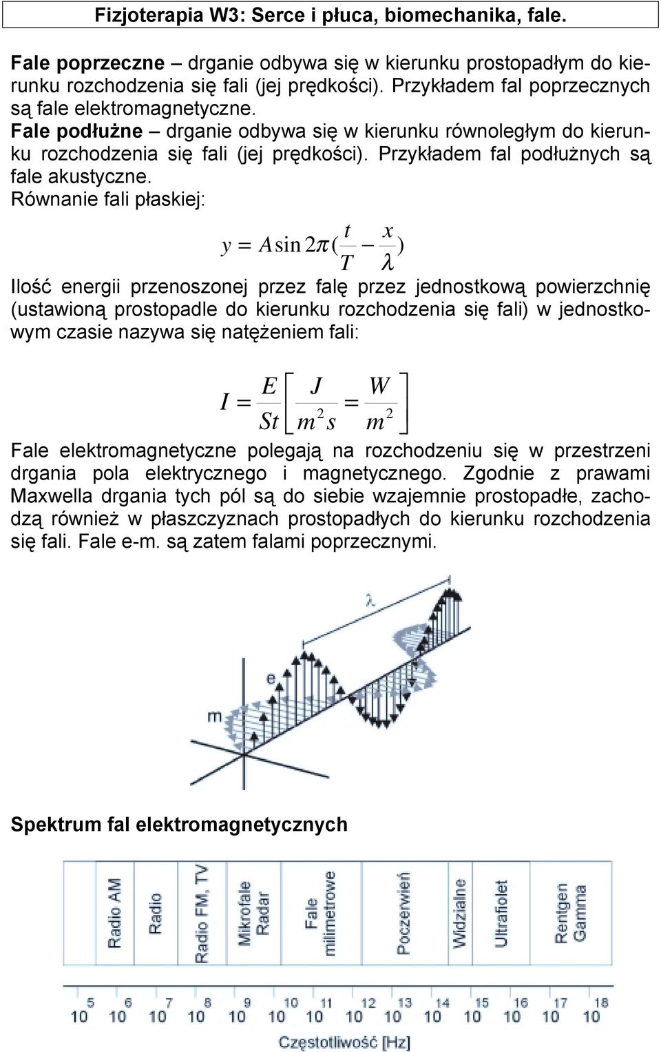 Równanie fali płaskiej: y t Asin π ( T x ) λ Ilość energii przenoszonej przez falę przez jednostkową powierzchnię (ustawioną prostopadle do kierunku rozchodzenia się fali) w jednostkowym czasie