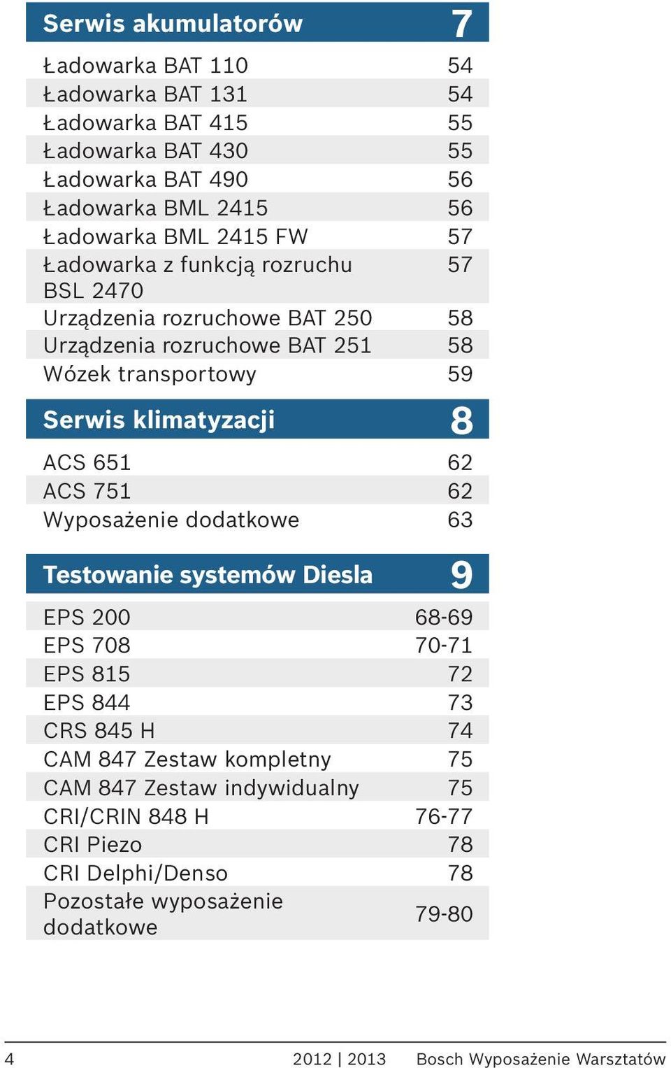 ACS 651 62 ACS 751 62 Wyposażenie dodatkowe 63 Testowanie systemów Diesla 9 EPS 200 68-69 EPS 708 70-71 EPS 815 72 EPS 844 73 CRS 845 H 74 CAM 847 Zestaw kompletny