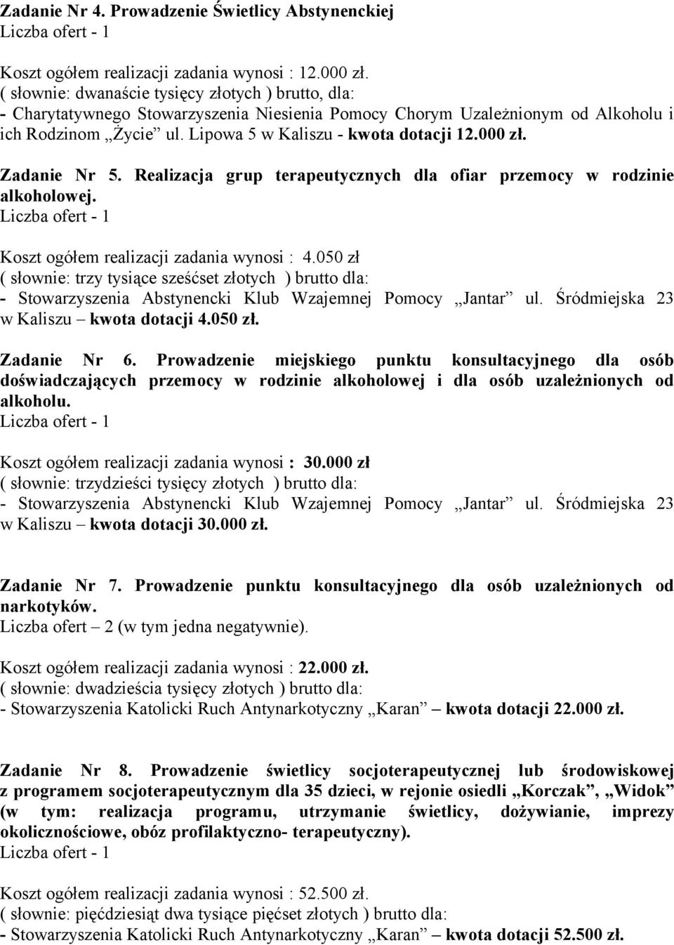 000 zł. Zadanie Nr 5. Realizacja grup terapeutycznych dla ofiar przemocy w rodzinie alkoholowej. Koszt ogółem realizacji zadania wynosi : 4.