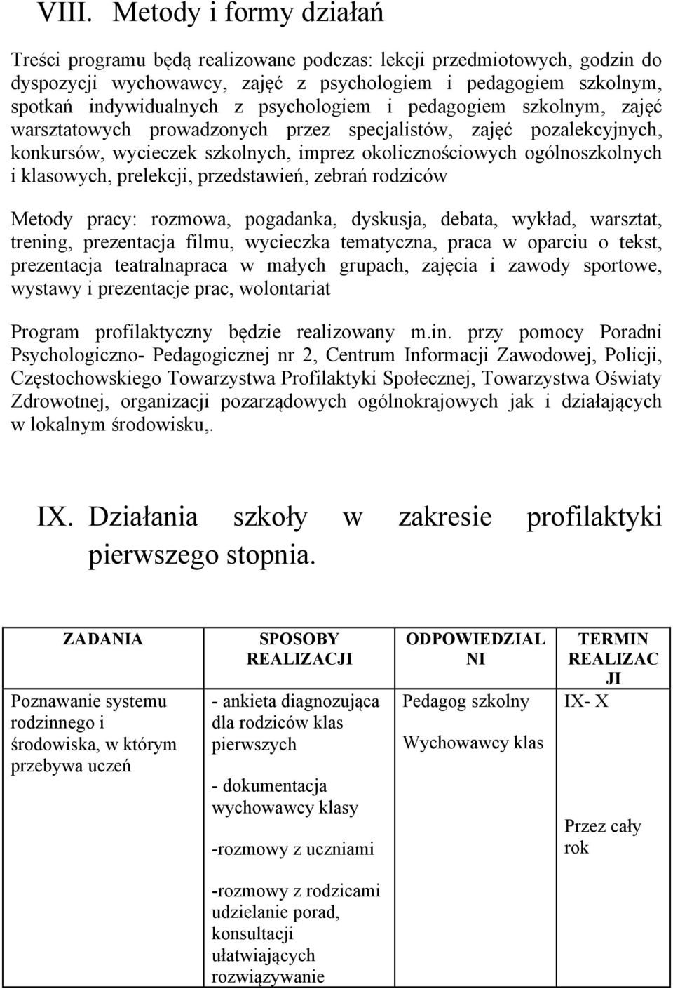 przedstawień, zebrań rodziców Metody pracy: rozmowa, pogadanka, dyskusja, debata, wykład, warsztat, trening, prezentacja filmu, wycieczka tematyczna, praca w oparciu o tekst, prezentacja