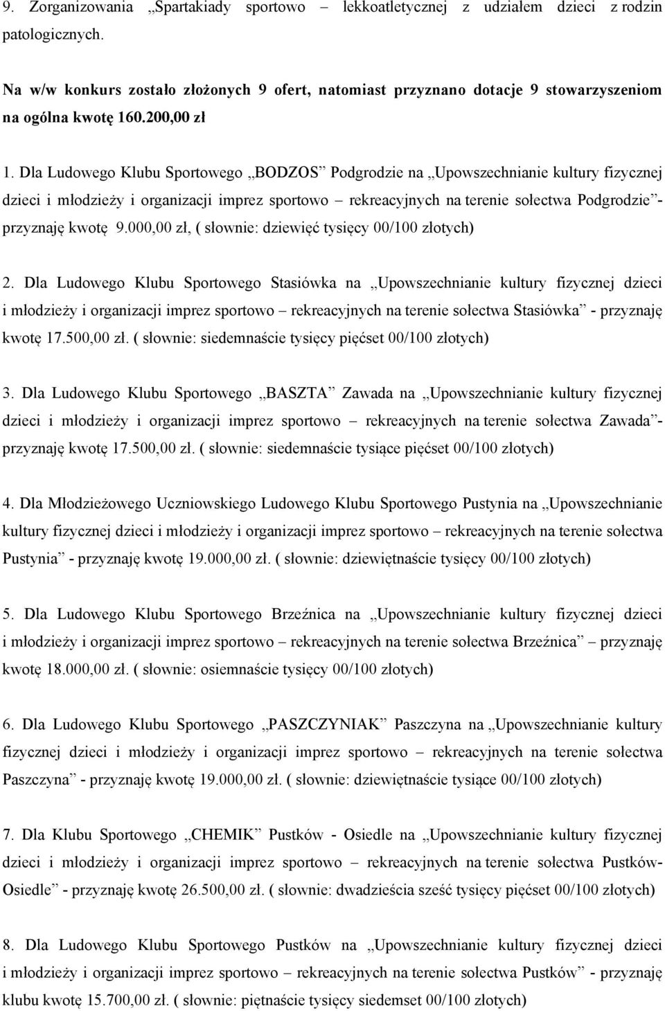 Dla Ludowego Klubu Sportowego BODZOS Podgrodzie na Upowszechnianie kultury fizycznej dzieci i młodzieży i organizacji imprez sportowo rekreacyjnych na terenie sołectwa Podgrodzie - przyznaję kwotę 9.