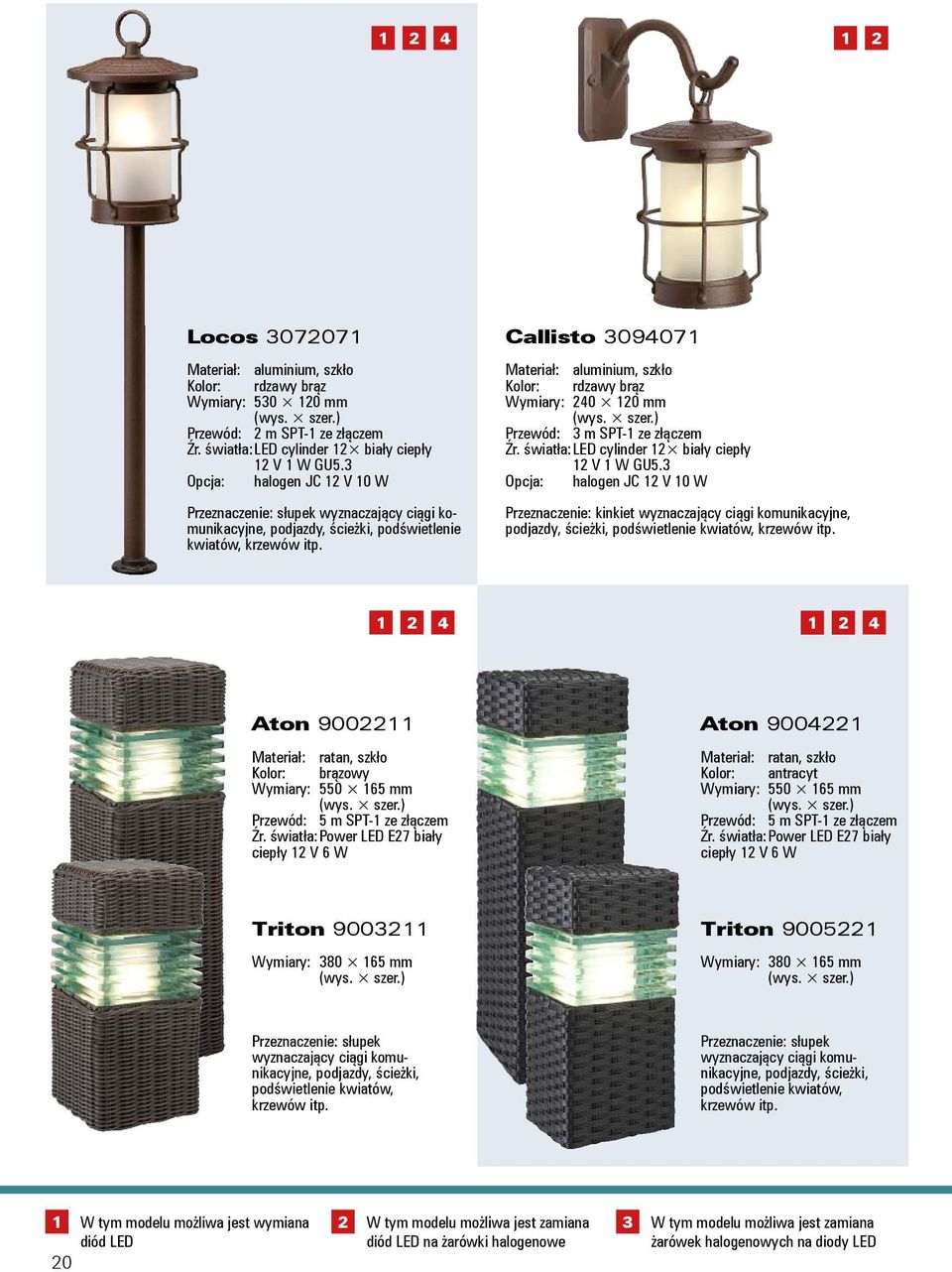 Callisto 3094071 Materiał: aluminium, szkło Kolor: rdzawy brąz Wymiary: 240 120 mm Przewód: 3 m SPT-1 ze złączem Źr. światła: LED cylinder 12 biały ciepły 12 V 1 W GU5.
