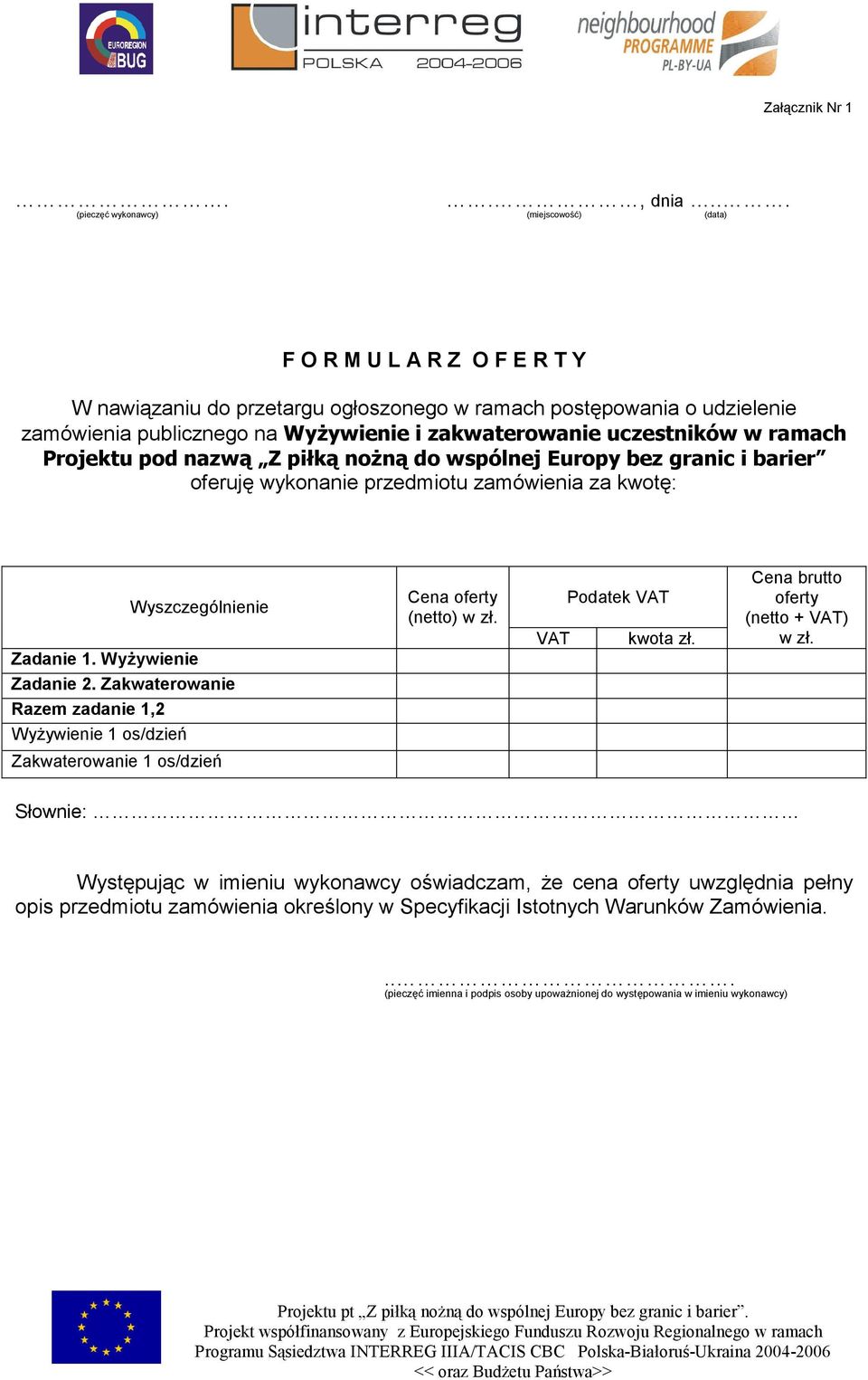 zakwaterowanie uczestników w ramach Projektu pod nazwą Z piłką nożną do wspólnej Europy bez granic i barier oferuję wykonanie przedmiotu zamówienia za kwotę: Wyszczególnienie Zadanie 1.