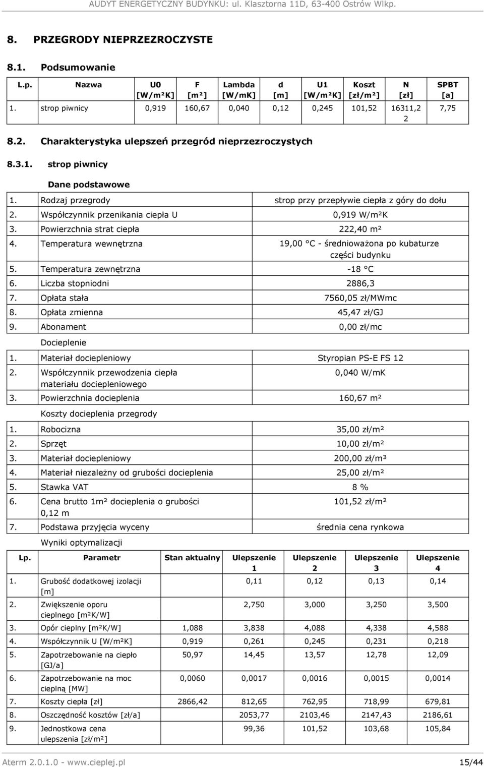 Rodzaj przegrody strop przy przepływie ciepła z góry do dołu 2. Współczynnik przenikania ciepła U 0,919 W/m²K 3. Powierzchnia strat ciepła 222,40 m² 4.