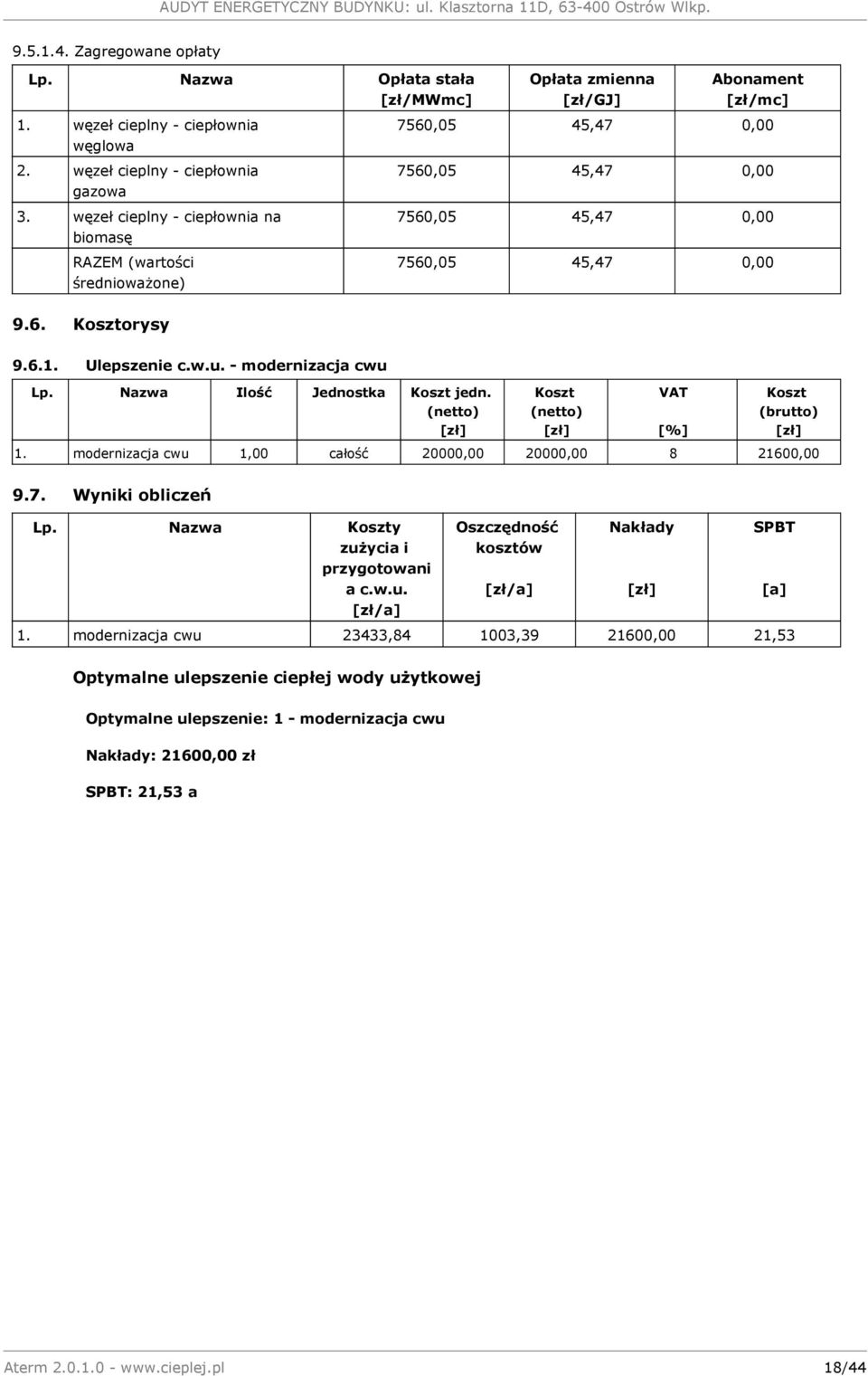 Kosztorysy Opłata zmienna [zł/gj] Abonament [zł/mc] 7560,05 45,47 0,00 7560,05 45,47 0,00 7560,05 45,47 0,00 7560,05 45,47 0,00 9.6.1. Ulepszenie c.w.u. - modernizacja cwu Lp.