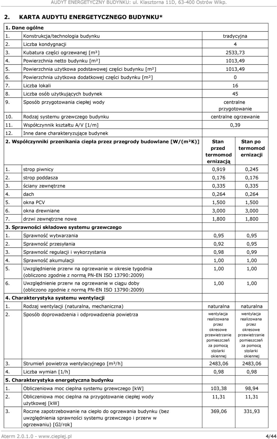 Liczba osób użytkujących budynek 45 9. Sposób przygotowania ciepłej wody centralne przygotowanie 10. Rodzaj systemu grzewczego budynku centralne ogrzewanie 11. Współczynnik kształtu A/V [1/m] 0,39 12.