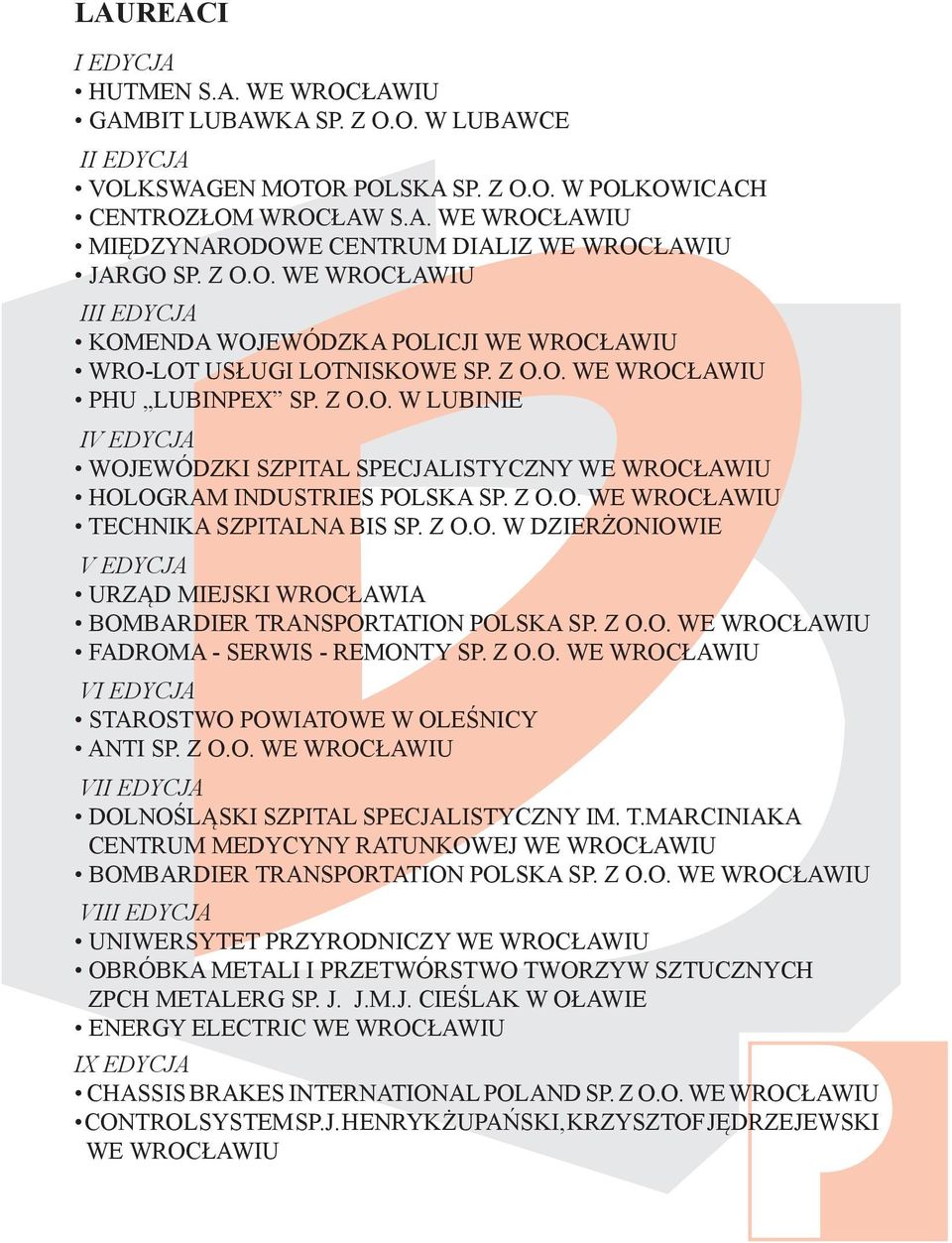 Z O.O. WE WROCŁAWIU TECHNIKA SZPITALNA BIS SP. Z O.O. W DZIERŻONIOWIE V EDYCJA URZĄD MIEJSKI WROCŁAWIA BOMBARDIER TRANSPORTATION POLSKA SP. Z O.O. WE WROCŁAWIU FADROMA - SERWIS - REMONTY SP. Z O.O. WE WROCŁAWIU VI EDYCJA STAROSTWO POWIATOWE W OLEŚNICY ANTI SP.